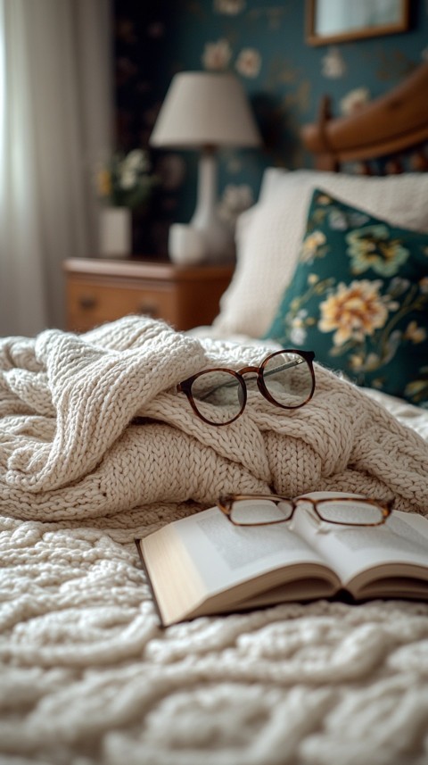 Overhead View of Bed Edge with Neatly Folded Clothes and Reading Glasses – Cozy Aesthetic (93)