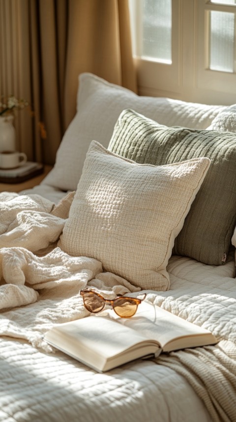 Overhead View of Bed Edge with Neatly Folded Clothes and Reading Glasses – Cozy Aesthetic (81)