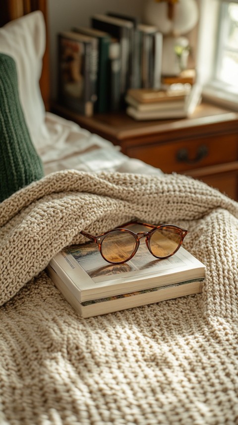 Overhead View of Bed Edge with Neatly Folded Clothes and Reading Glasses – Cozy Aesthetic (79)