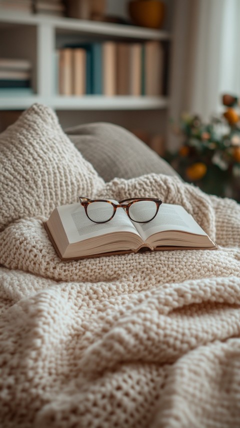 Overhead View of Bed Edge with Neatly Folded Clothes and Reading Glasses – Cozy Aesthetic (86)