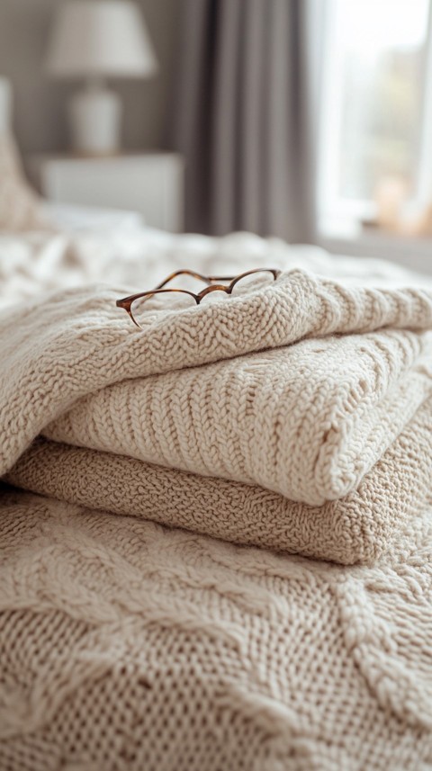 Overhead View of Bed Edge with Neatly Folded Clothes and Reading Glasses – Cozy Aesthetic (118)