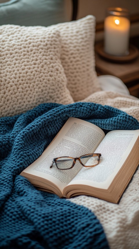 Overhead View of Bed Edge with Neatly Folded Clothes and Reading Glasses – Cozy Aesthetic (117)