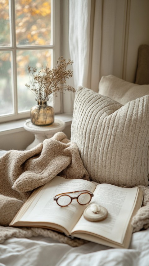 Overhead View of Bed Edge with Neatly Folded Clothes and Reading Glasses – Cozy Aesthetic (114)