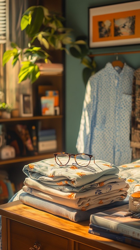 Overhead View of Bed Edge with Neatly Folded Clothes and Reading Glasses – Cozy Aesthetic (120)