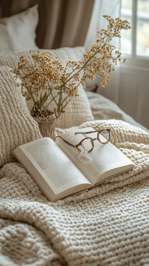 Overhead View of Bed Edge with Neatly Folded Clothes and Reading Glasses – Cozy Aesthetic (110)