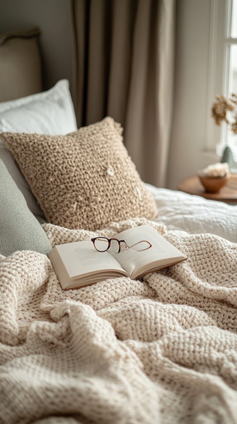 Overhead View of Bed Edge with Neatly Folded Clothes and Reading Glasses – Cozy Aesthetic (104)