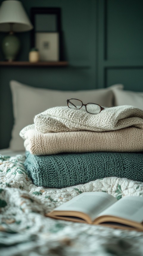 Overhead View of Bed Edge with Neatly Folded Clothes and Reading Glasses – Cozy Aesthetic (107)