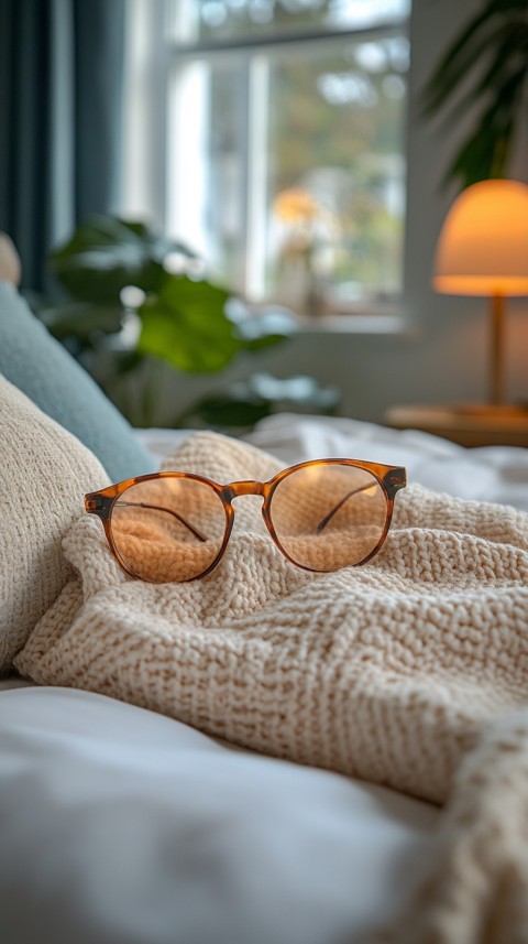 Overhead View of Bed Edge with Neatly Folded Clothes and Reading Glasses – Cozy Aesthetic (123)