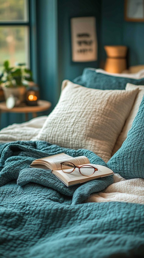 Overhead View of Bed Edge with Neatly Folded Clothes and Reading Glasses – Cozy Aesthetic (122)