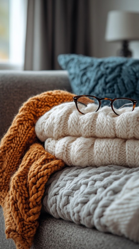 Overhead View of Bed Edge with Neatly Folded Clothes and Reading Glasses – Cozy Aesthetic (134)