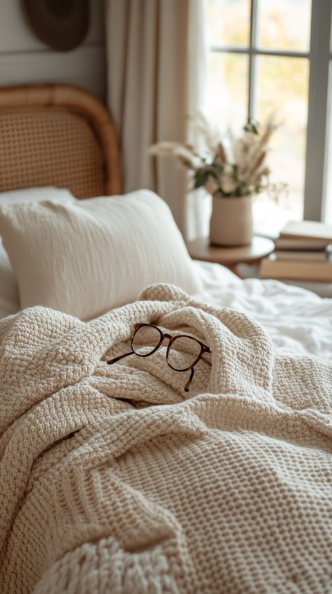 Overhead View of Bed Edge with Neatly Folded Clothes and Reading Glasses – Cozy Aesthetic (125)