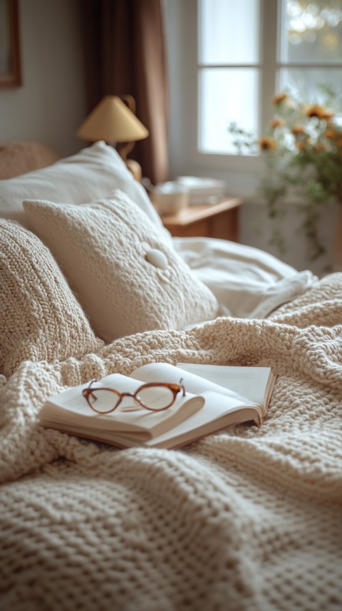 Overhead View of Bed Edge with Neatly Folded Clothes and Reading Glasses – Cozy Aesthetic (128)