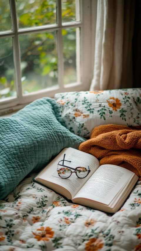 Overhead View of Bed Edge with Neatly Folded Clothes and Reading Glasses – Cozy Aesthetic (139)