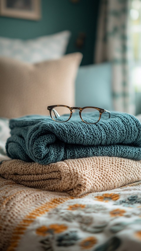 Overhead View of Bed Edge with Neatly Folded Clothes and Reading Glasses – Cozy Aesthetic (121)