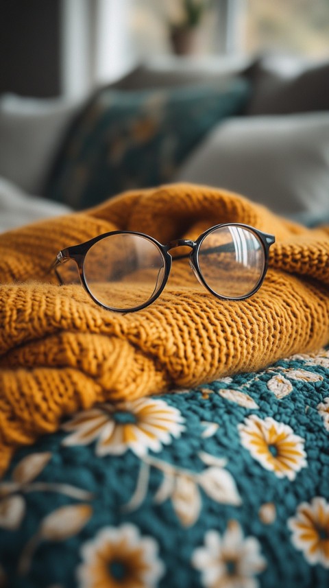 Overhead View of Bed Edge with Neatly Folded Clothes and Reading Glasses – Cozy Aesthetic (129)