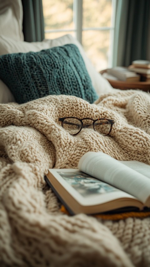 Overhead View of Bed Edge with Neatly Folded Clothes and Reading Glasses – Cozy Aesthetic (132)