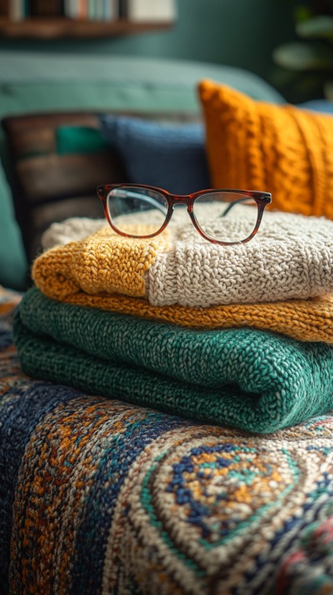 Overhead View of Bed Edge with Neatly Folded Clothes and Reading Glasses – Cozy Aesthetic (137)