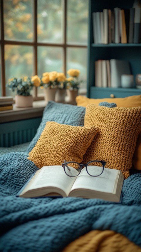 Overhead View of Bed Edge with Neatly Folded Clothes and Reading Glasses – Cozy Aesthetic (141)