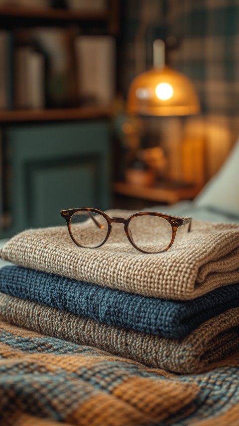 Overhead View of Bed Edge with Neatly Folded Clothes and Reading Glasses – Cozy Aesthetic (144)