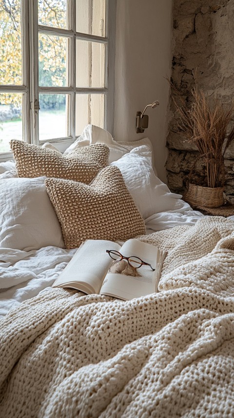 Overhead View of Bed Edge with Neatly Folded Clothes and Reading Glasses – Cozy Aesthetic (138)