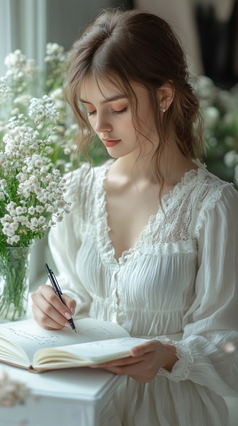 Woman’s Hands Writing on an Open Notebook on a White Desk – Cozy Feminine Blogger Aesthetic (1)