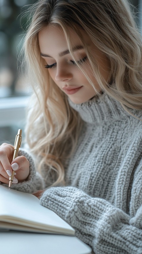 Woman’s Hands Writing on an Open Notebook on a White Desk – Cozy Feminine Blogger Aesthetic (18)