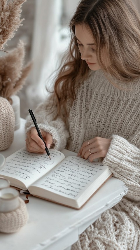 Woman’s Hands Writing on an Open Notebook on a White Desk – Cozy Feminine Blogger Aesthetic (2)