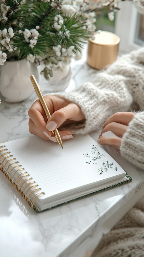 Woman’s Hands Writing on an Open Notebook on a White Desk – Cozy Feminine Blogger Aesthetic (3)