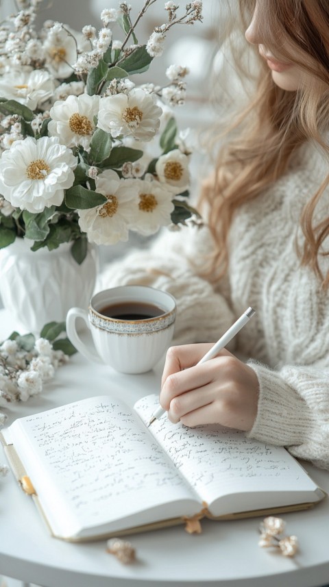 Woman’s Hands Writing on an Open Notebook on a White Desk – Cozy Feminine Blogger Aesthetic (5)