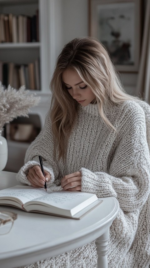 Woman’s Hands Writing on an Open Notebook on a White Desk – Cozy Feminine Blogger Aesthetic (20)