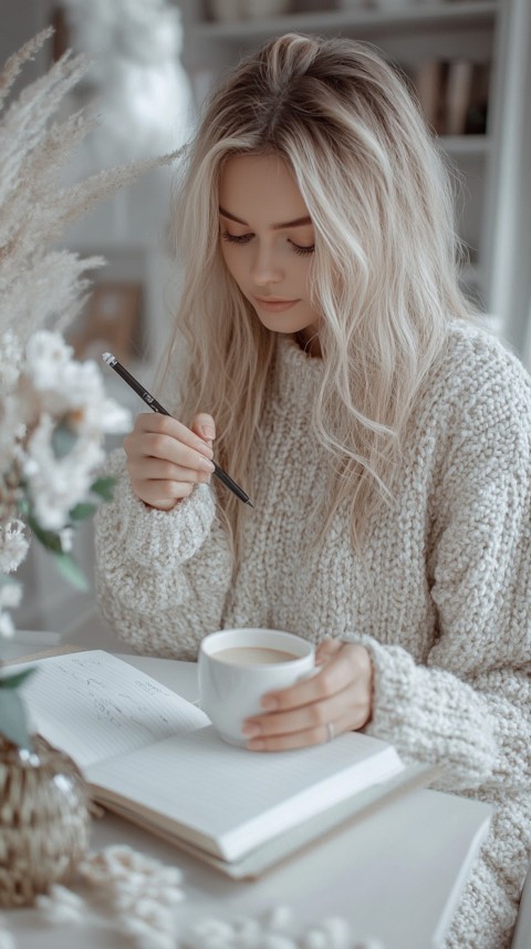 Woman’s Hands Writing on an Open Notebook on a White Desk – Cozy Feminine Blogger Aesthetic (13)