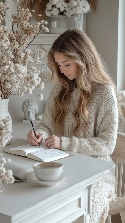 Woman’s Hands Writing on an Open Notebook on a White Desk – Cozy Feminine Blogger Aesthetic (15)