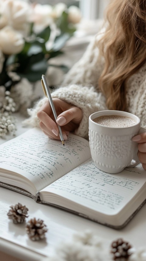 Woman’s Hands Writing on an Open Notebook on a White Desk – Cozy Feminine Blogger Aesthetic (25)