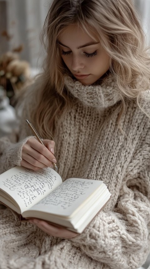 Woman’s Hands Writing on an Open Notebook on a White Desk – Cozy Feminine Blogger Aesthetic (63)