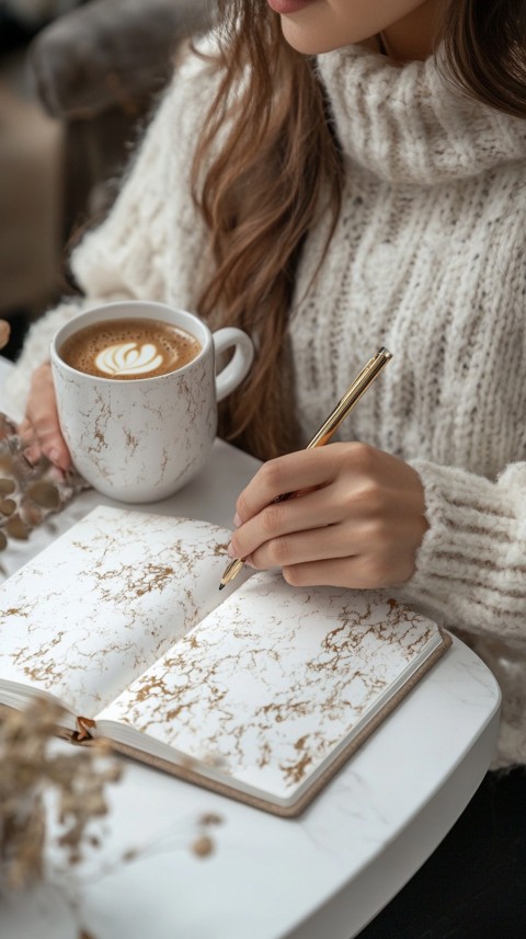 Woman’s Hands Writing on an Open Notebook on a White Desk – Cozy Feminine Blogger Aesthetic (65)