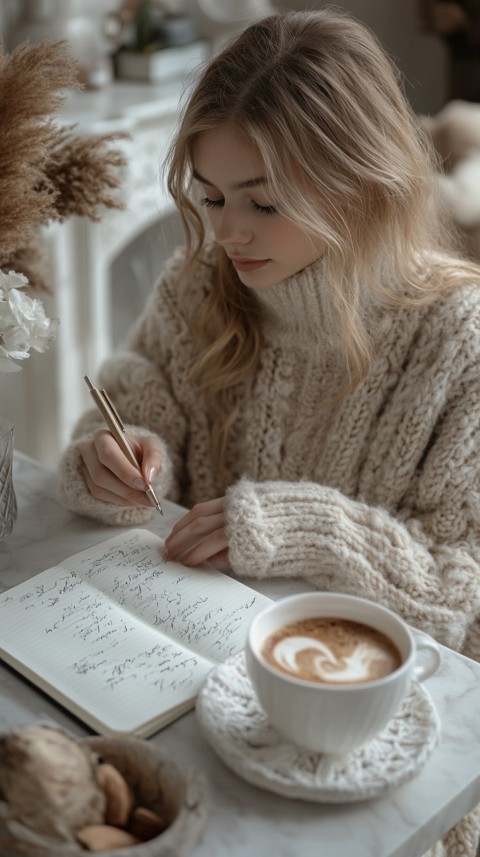 Woman’s Hands Writing on an Open Notebook on a White Desk – Cozy Feminine Blogger Aesthetic (50)