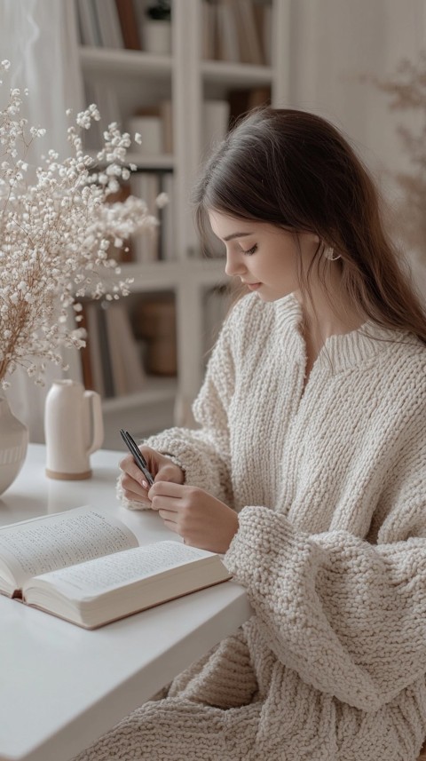 Woman’s Hands Writing on an Open Notebook on a White Desk – Cozy Feminine Blogger Aesthetic (66)