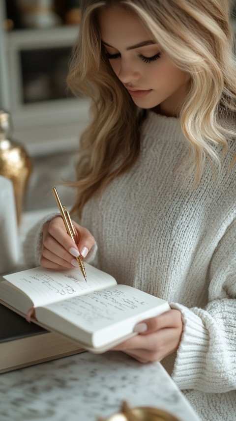 Woman’s Hands Writing on an Open Notebook on a White Desk – Cozy Feminine Blogger Aesthetic (68)