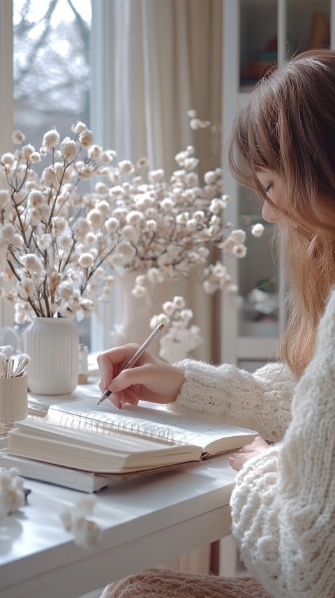 Woman’s Hands Writing on an Open Notebook on a White Desk – Cozy Feminine Blogger Aesthetic (47)