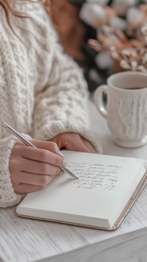 Woman’s Hands Writing on an Open Notebook on a White Desk – Cozy Feminine Blogger Aesthetic (38)