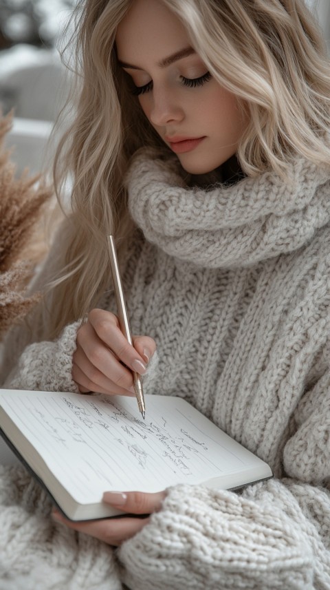 Woman’s Hands Writing on an Open Notebook on a White Desk – Cozy Feminine Blogger Aesthetic (36)