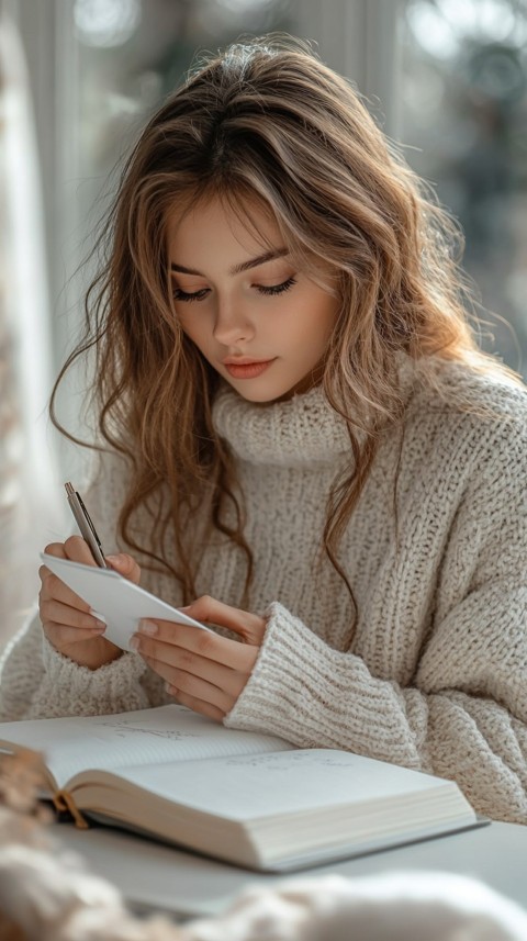 Woman’s Hands Writing on an Open Notebook on a White Desk – Cozy Feminine Blogger Aesthetic (67)