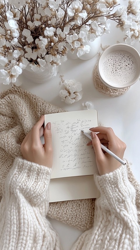 Woman’s Hands Writing on an Open Notebook on a White Desk – Cozy Feminine Blogger Aesthetic (48)