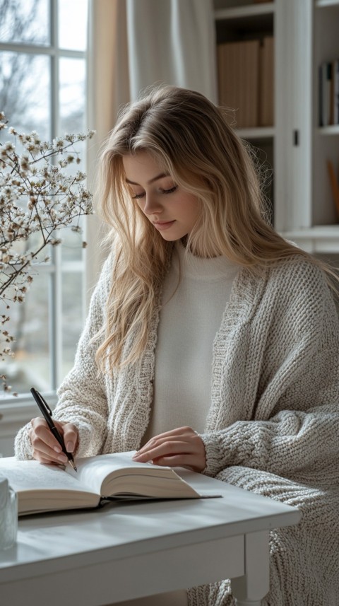 Woman’s Hands Writing on an Open Notebook on a White Desk – Cozy Feminine Blogger Aesthetic (59)