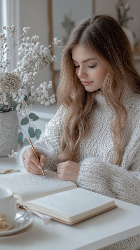 Woman’s Hands Writing on an Open Notebook on a White Desk – Cozy Feminine Blogger Aesthetic (29)