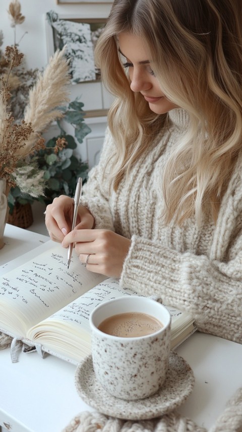 Woman’s Hands Writing on an Open Notebook on a White Desk – Cozy Feminine Blogger Aesthetic (55)