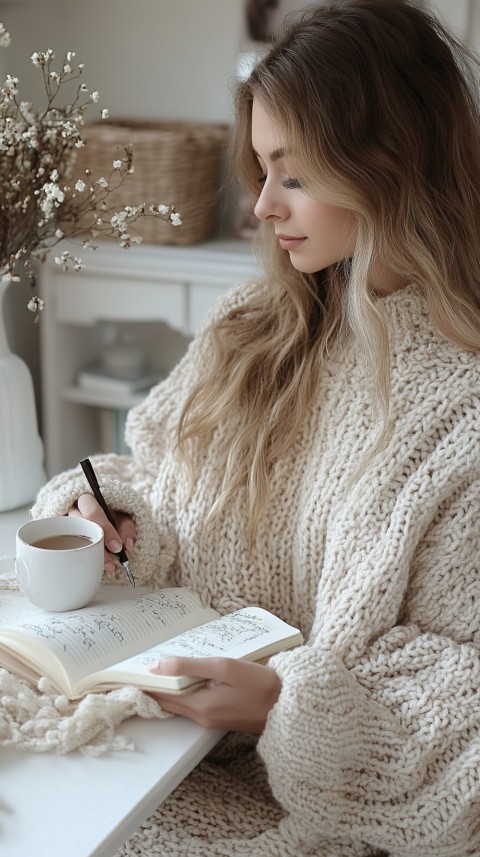 Woman’s Hands Writing on an Open Notebook on a White Desk – Cozy Feminine Blogger Aesthetic (69)