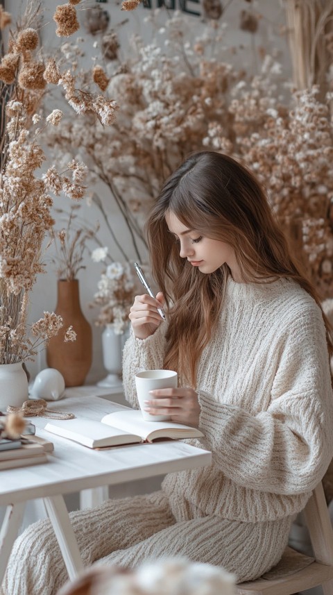 Woman’s Hands Writing on an Open Notebook on a White Desk – Cozy Feminine Blogger Aesthetic (24)