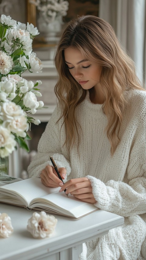 Woman’s Hands Writing on an Open Notebook on a White Desk – Cozy Feminine Blogger Aesthetic (70)