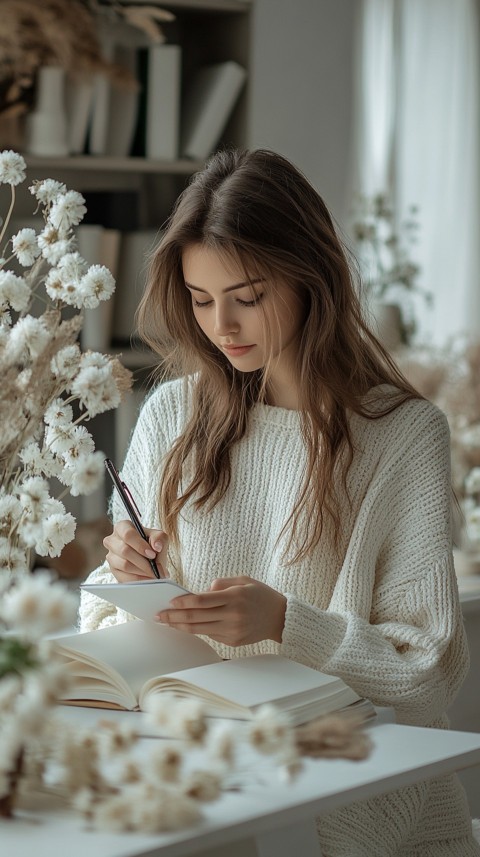 Woman’s Hands Writing on an Open Notebook on a White Desk – Cozy Feminine Blogger Aesthetic (56)